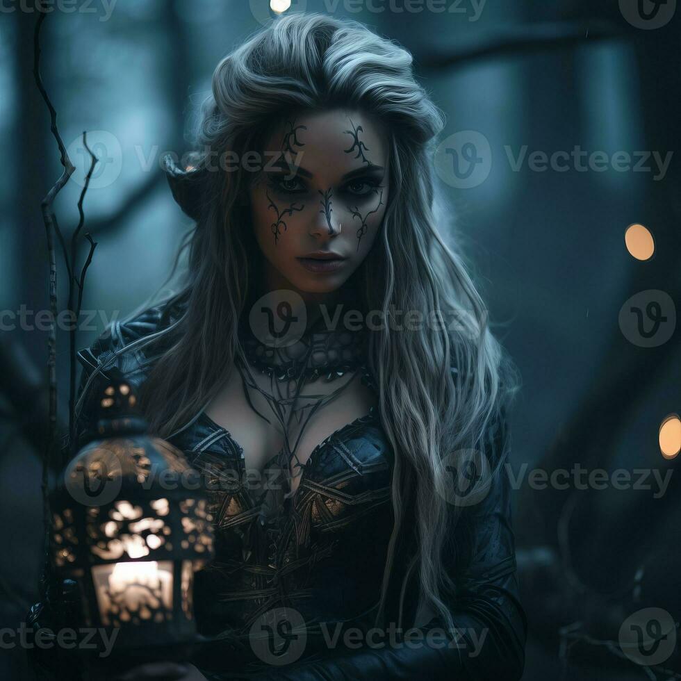 a beautiful woman with long blonde hair holding a lantern in the woods generative ai photo