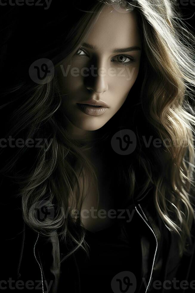 a beautiful woman with long hair and a black jacket generative ai photo