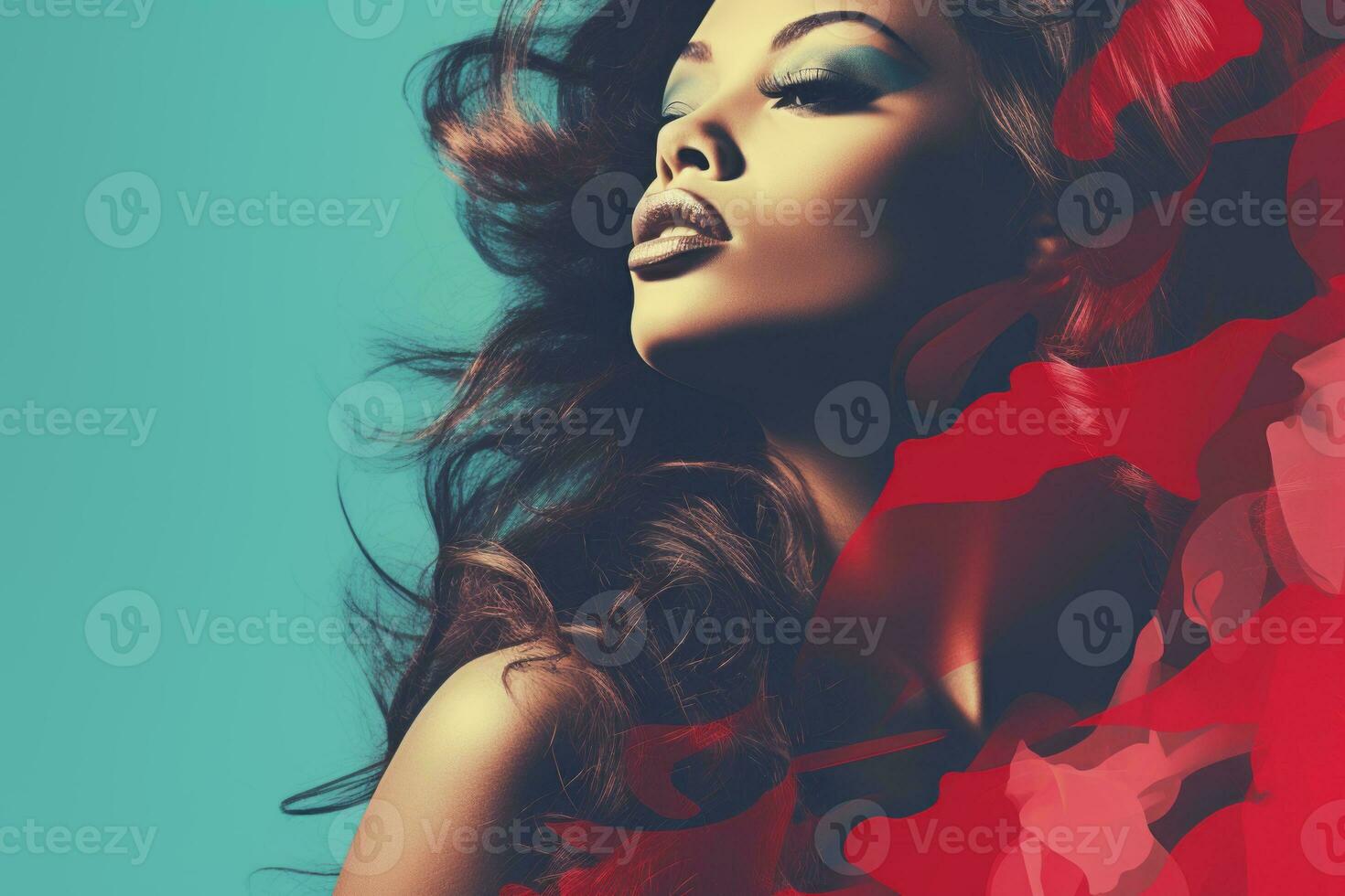 a beautiful woman with long hair and a red dress generative ai photo