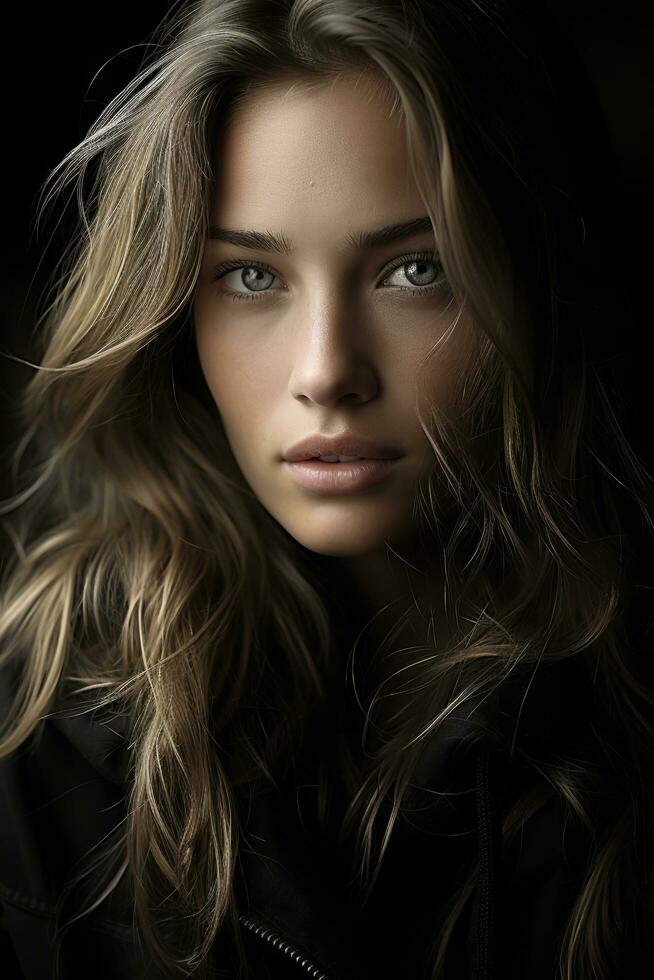 a beautiful woman with long hair and blue eyes generative ai photo