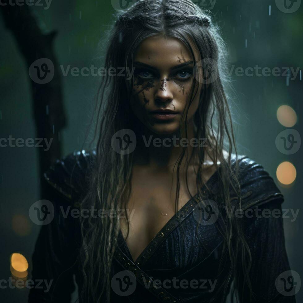 a beautiful woman with long hair in the rain generative ai photo