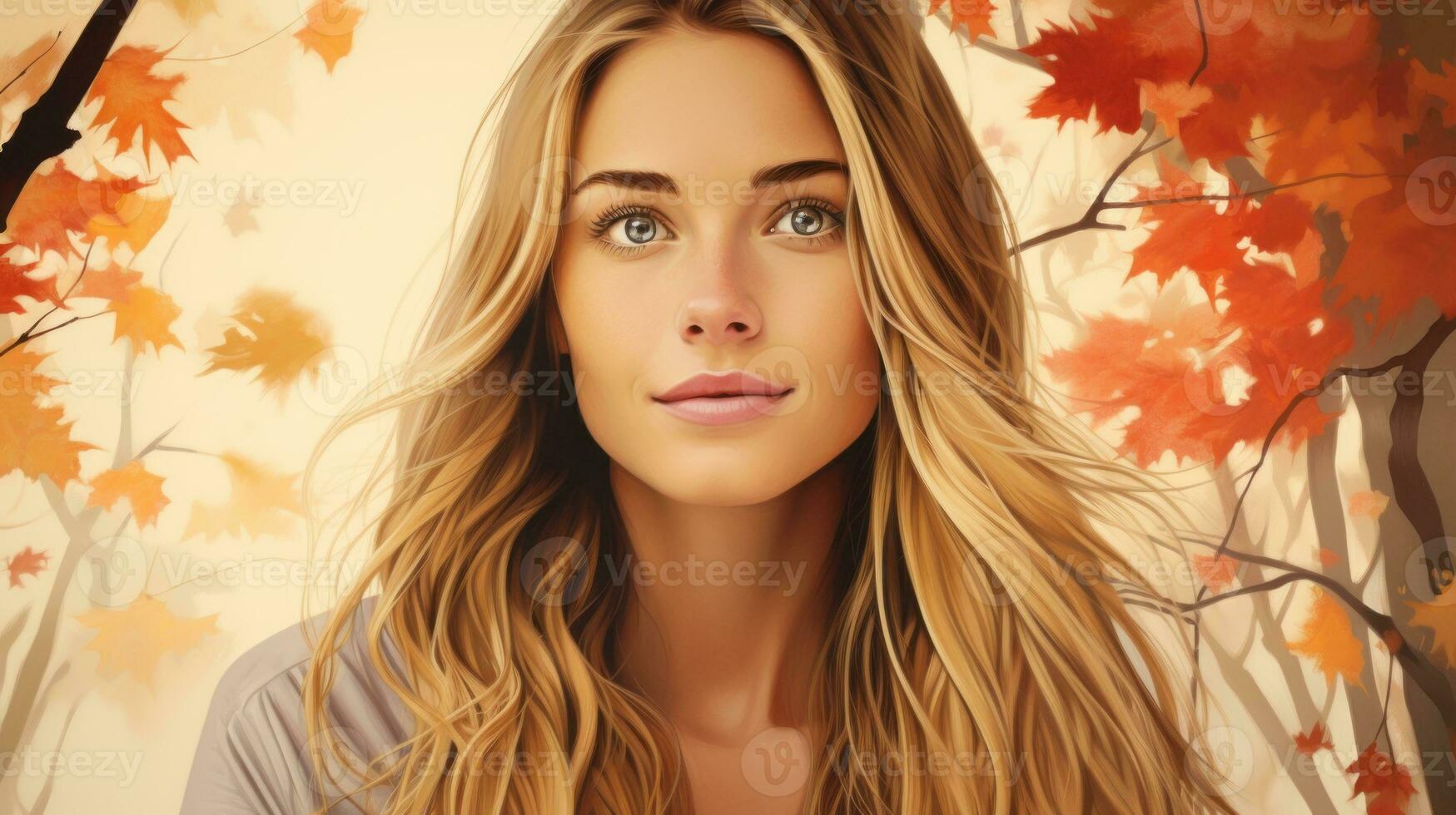 a beautiful woman with long hair in front of autumn trees generative ai photo