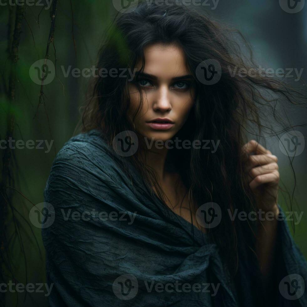 a beautiful woman with long hair in the forest generative ai photo