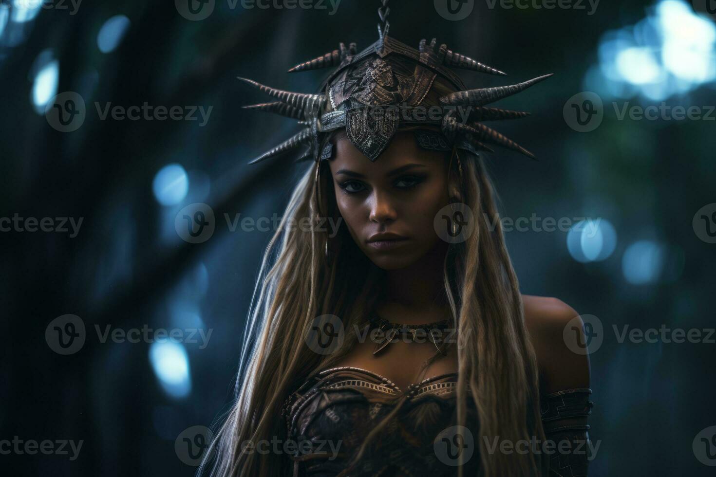 a beautiful woman with long hair wearing a headdress in the woods generative ai photo