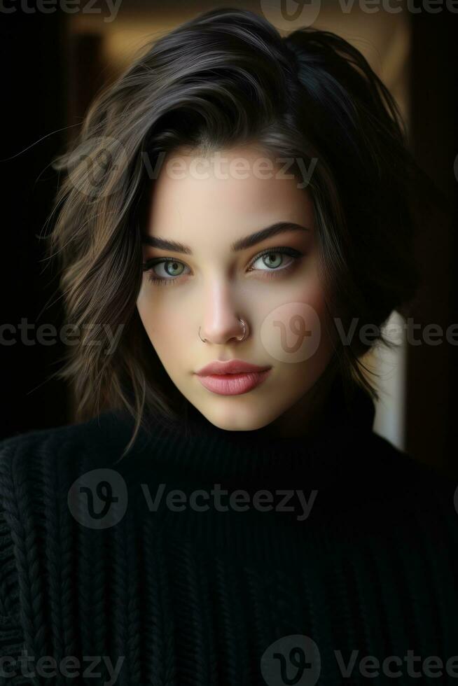 a beautiful young woman in a black sweater generative ai photo