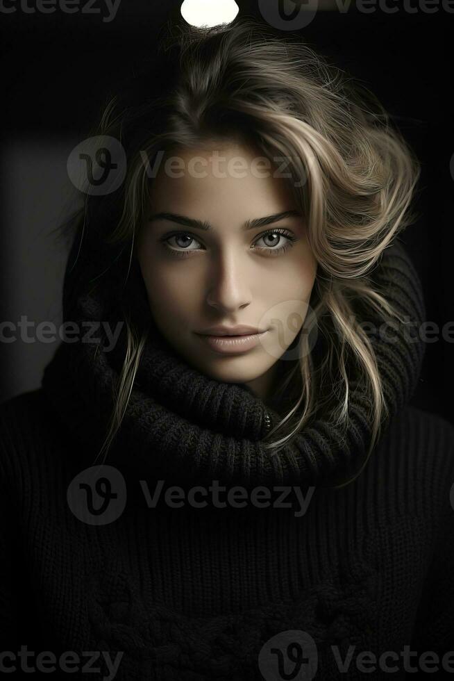 a beautiful young woman in a black sweater generative ai photo