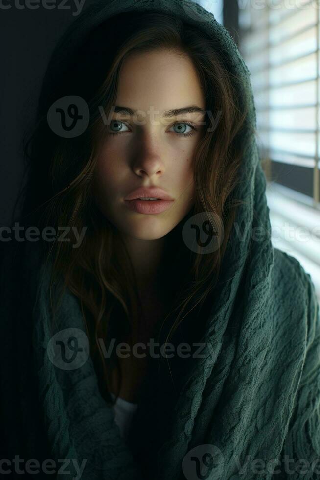 a beautiful young woman in a green blanket generative ai photo