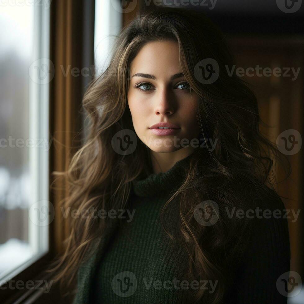a beautiful young woman in a green sweater looking out the window generative ai photo