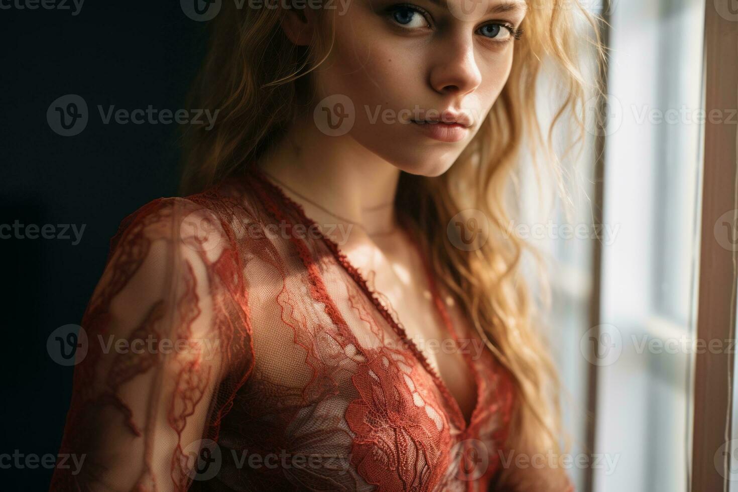a beautiful young woman in a red dress looking out the window generative ai photo