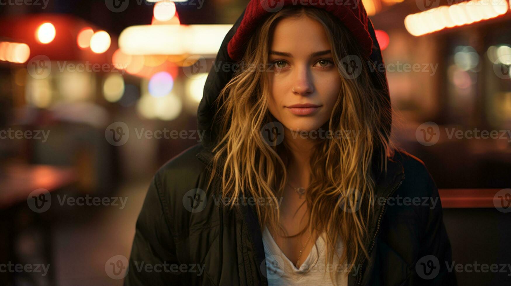 a beautiful young woman wearing a black jacket and a red beanie generative ai photo