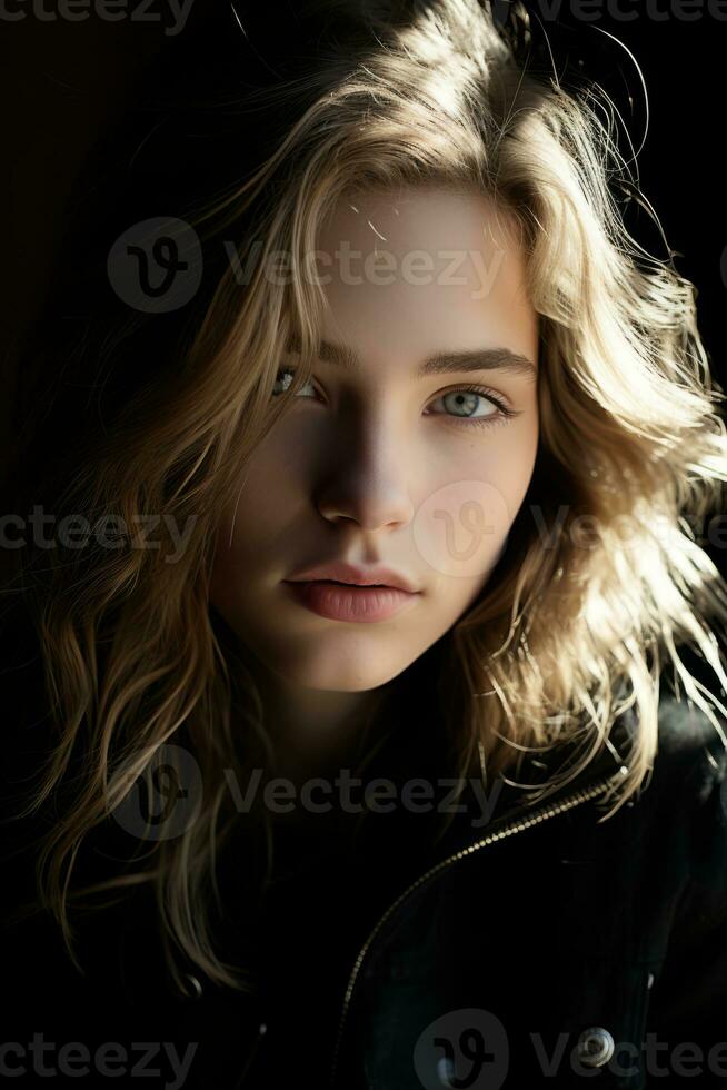 a beautiful young woman with blonde hair and blue eyes generative ai photo