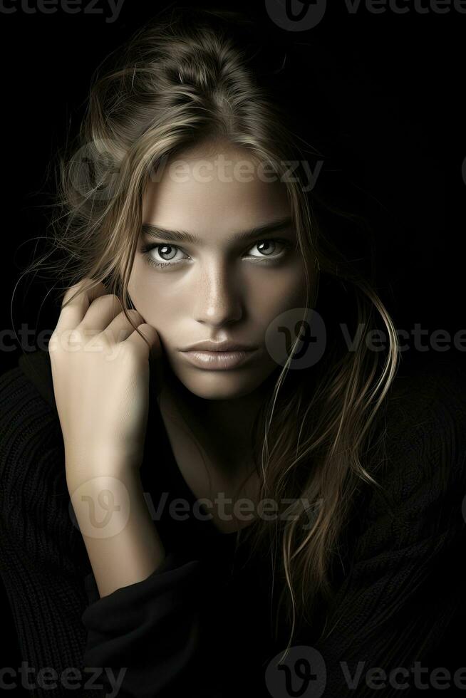 a beautiful young woman with blue eyes posing in front of a black background generative ai photo