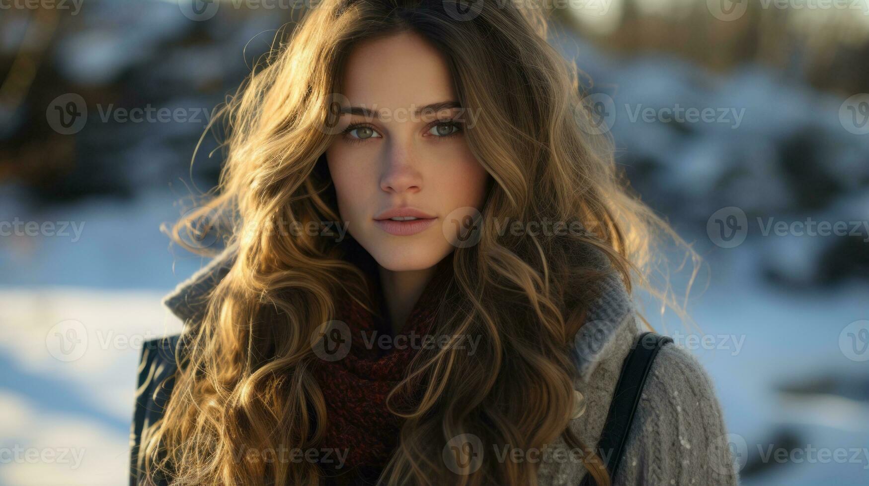 a beautiful young woman with long hair in the snow generative ai photo