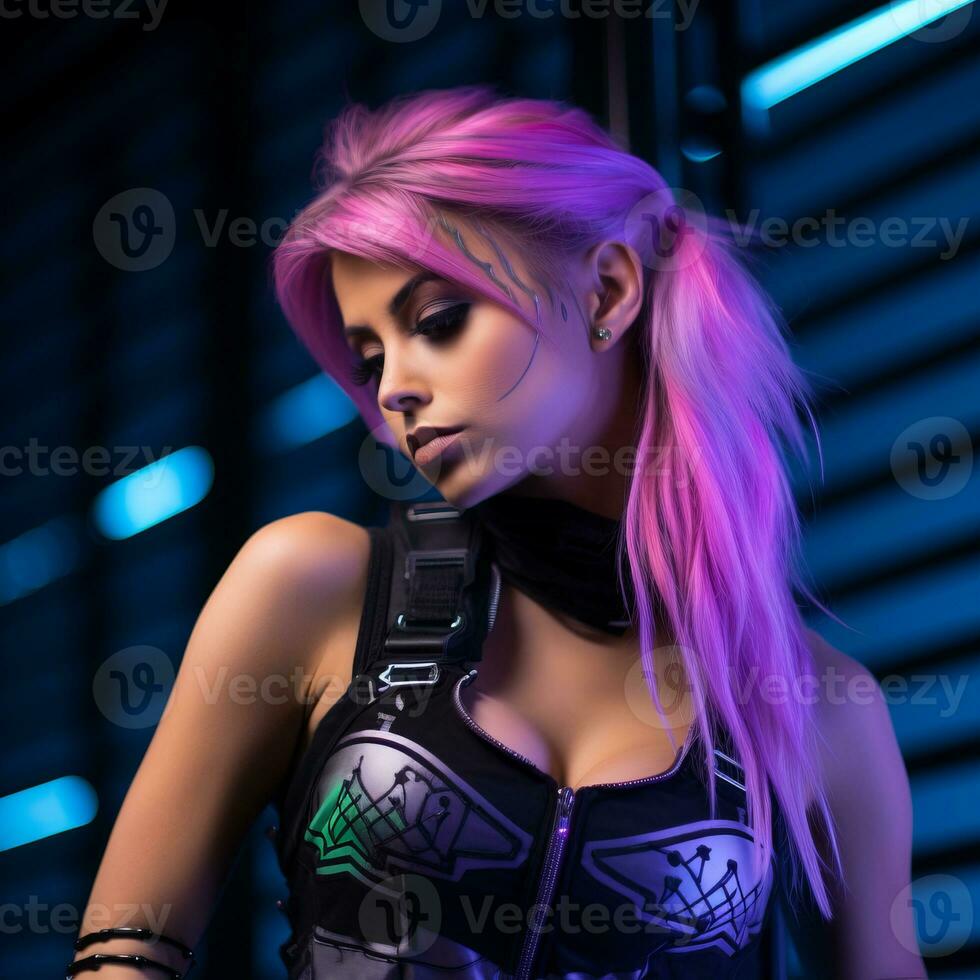 a beautiful young woman with pink hair in a futuristic outfit generative ai photo