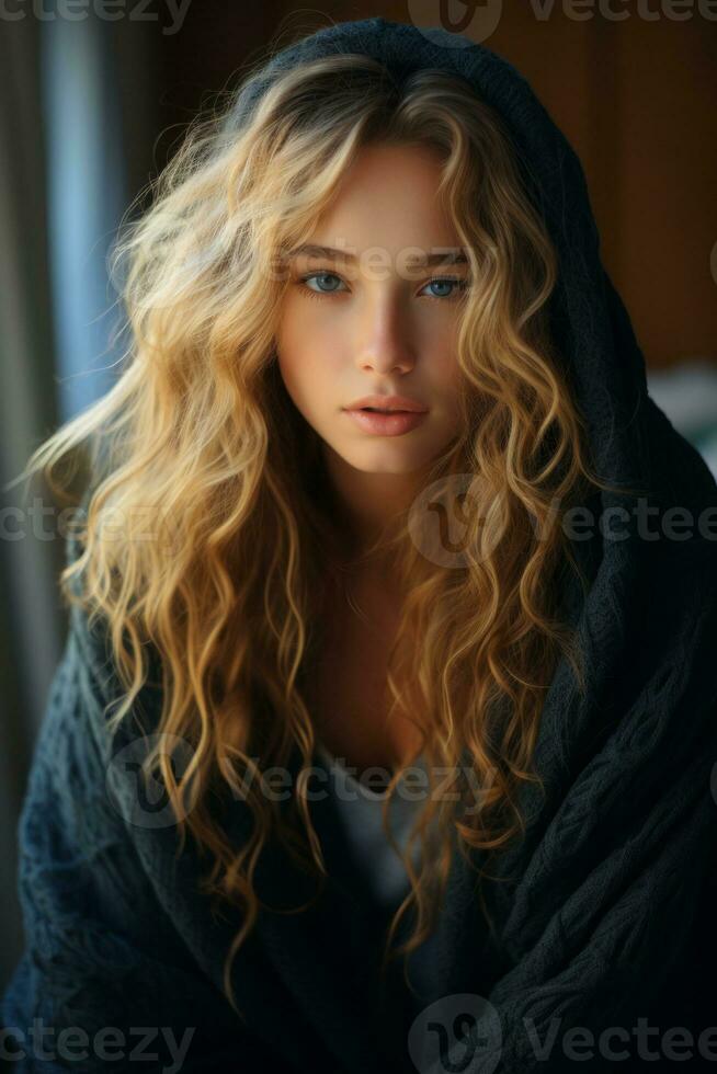 a beautiful young woman wrapped in a blanket generative ai photo