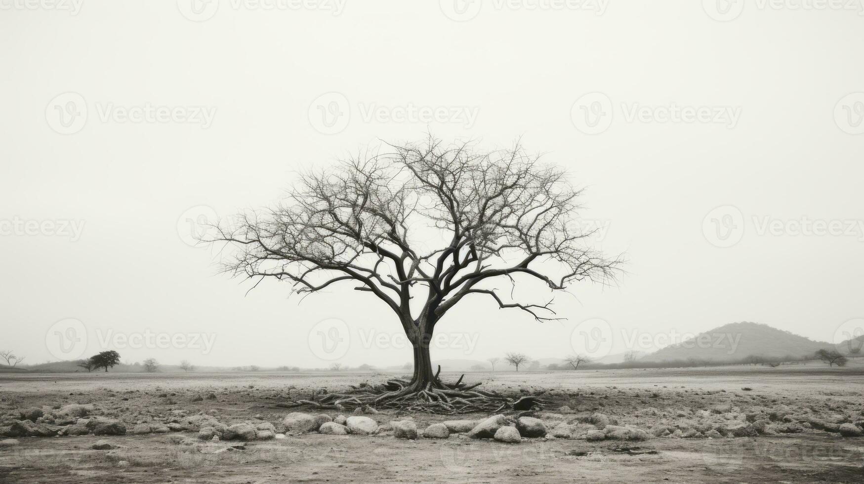 a black and white photo of a bare tree in the middle of a field generative ai