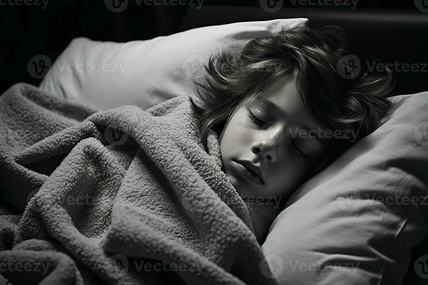 a black and white photo of a child sleeping in bed generative ai