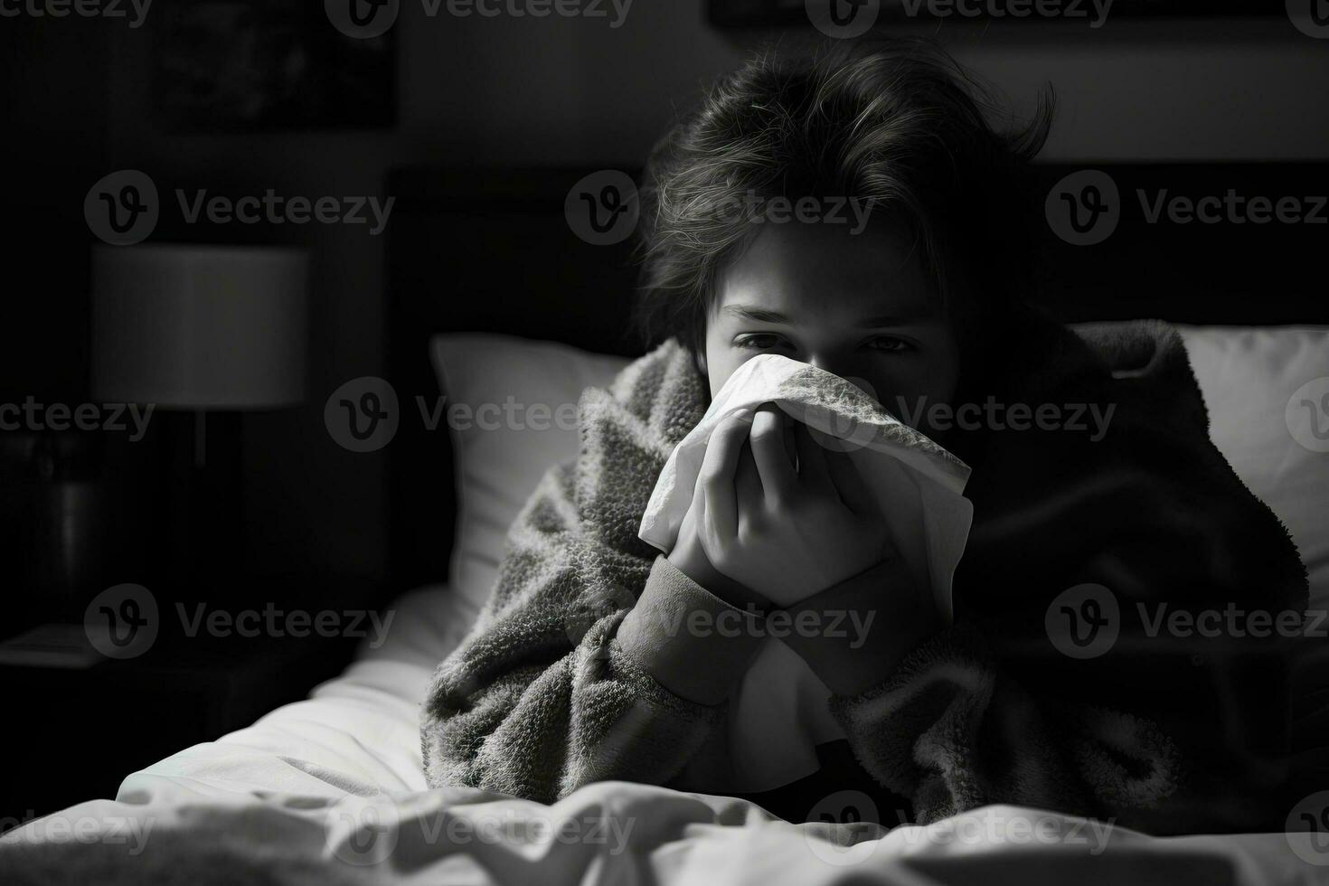 a black and white photo of a woman blowing her nose generative ai