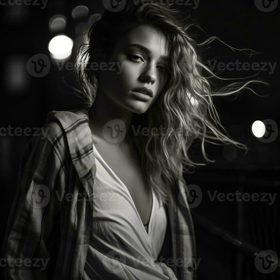 a black and white photo of a woman with her hair blowing in the wind generative ai