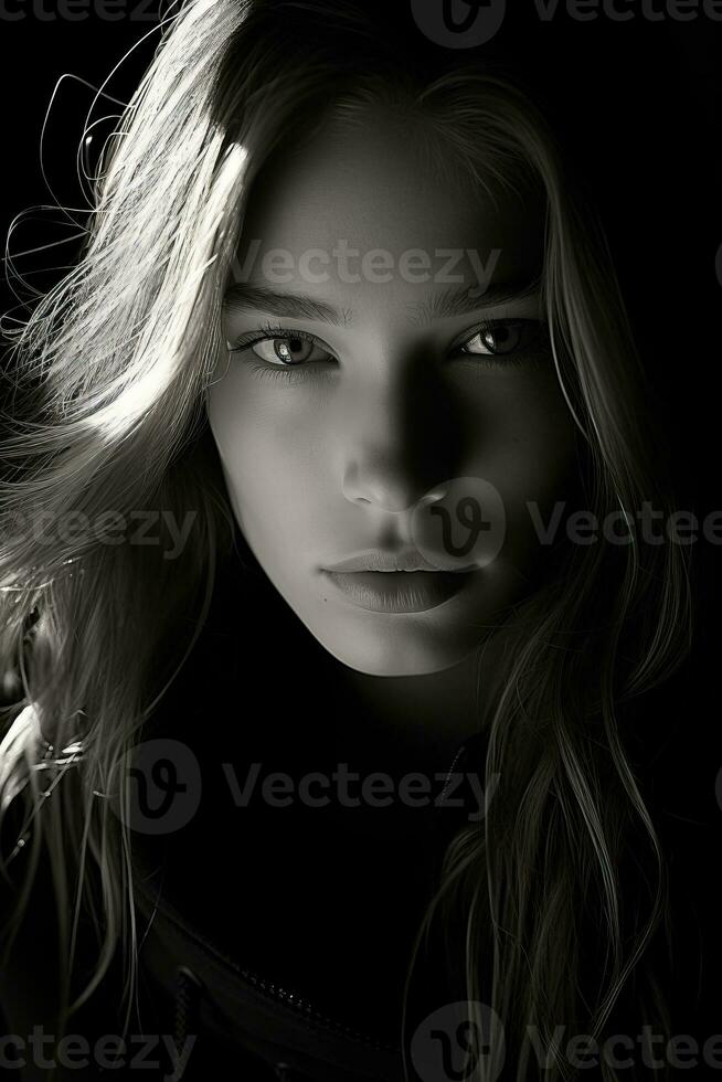 a black and white photo of a woman with long hair generative ai