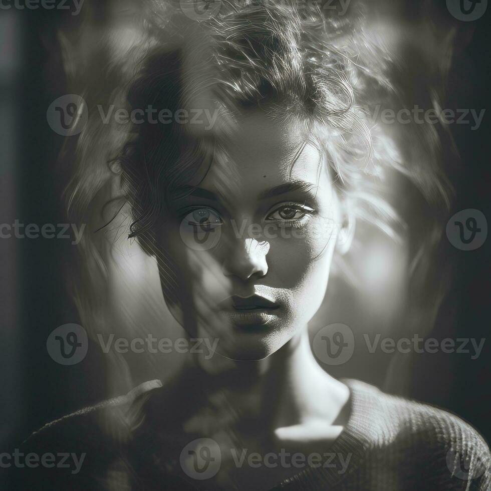a black and white photo of a woman with smoke coming out of her eyes generative ai