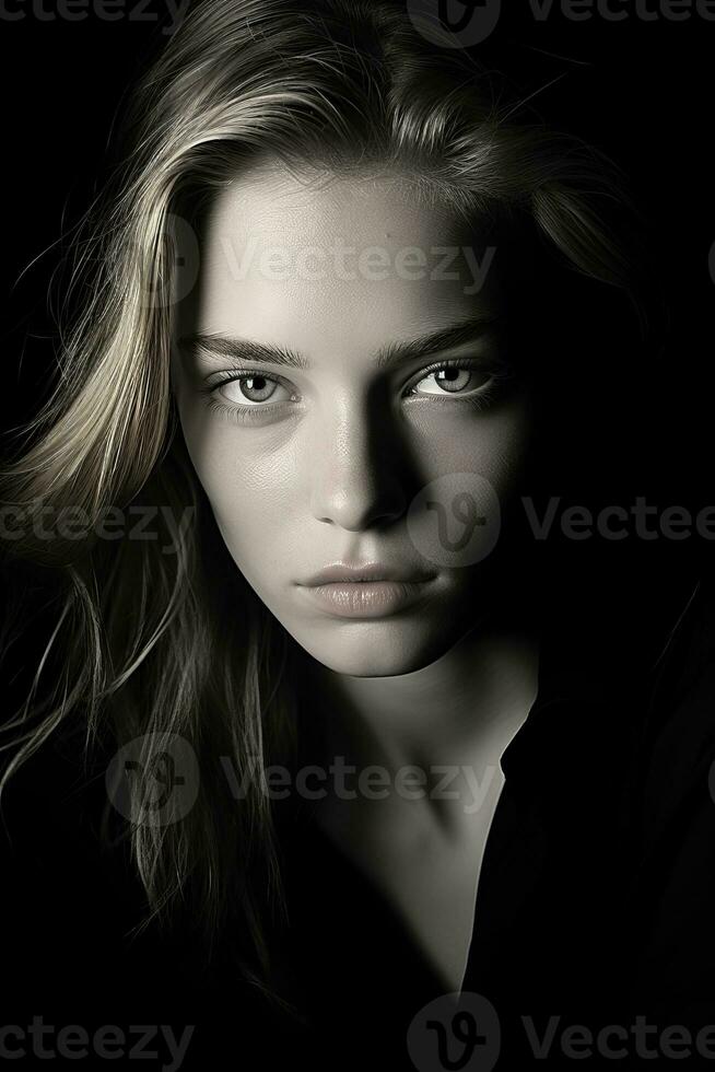 a black and white photo of a young woman generative ai