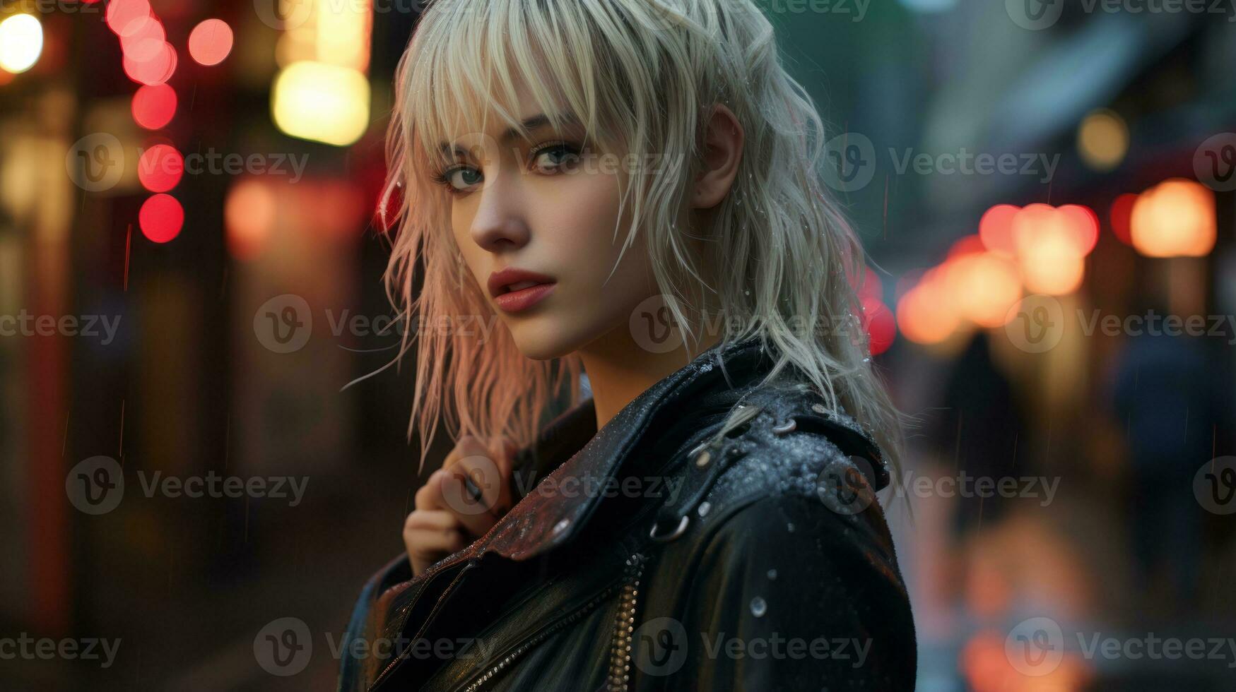 a blonde haired woman in a leather jacket standing in the rain generative ai photo