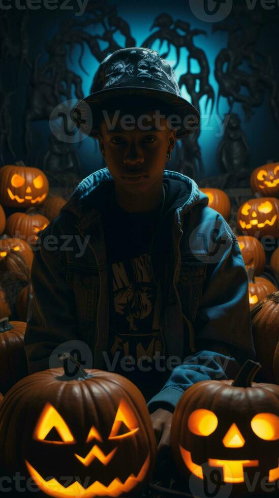 a boy in a blue jacket sitting in front of a bunch of pumpkins generative ai photo