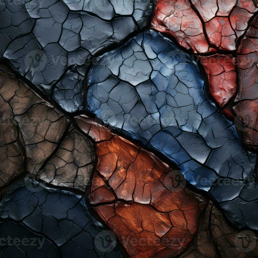 a close up of a cracked stone wall with red blue and yellow colors generative ai photo