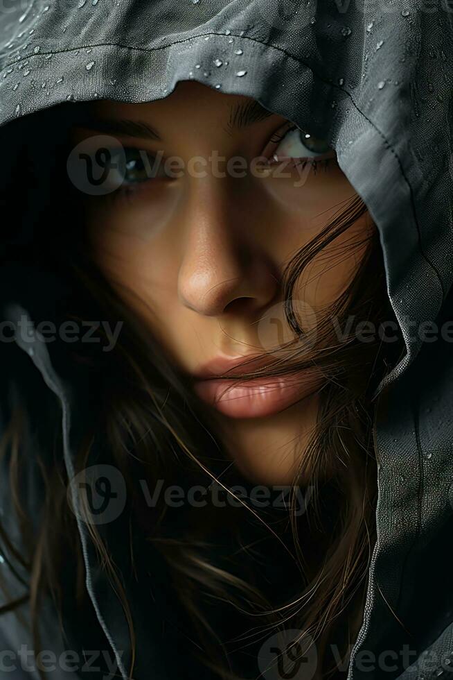 a close up of a woman in a hoodie generative ai photo