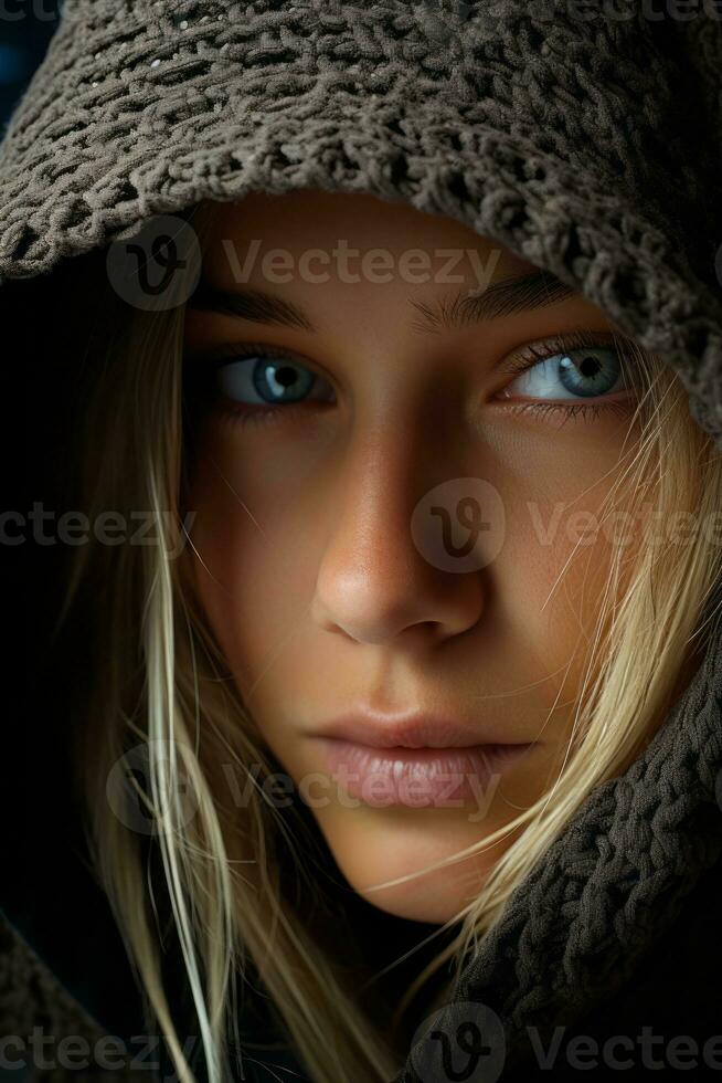 a close up of a woman in a hoodie generative ai photo