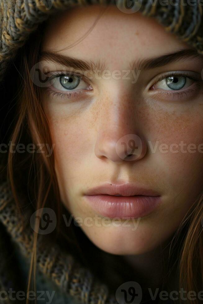 a close up of a woman with freckles on her face generative ai photo