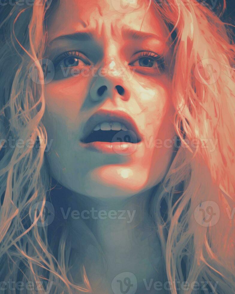 a close up of a woman with her eyes wide open generative ai photo