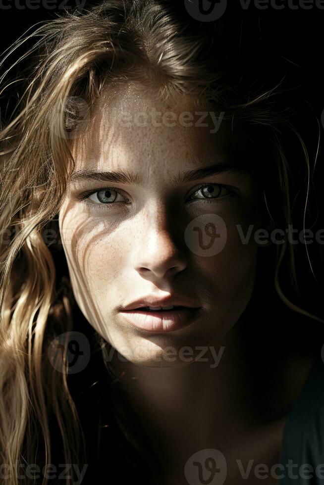 a close up of a woman with long wavy hair generative ai photo