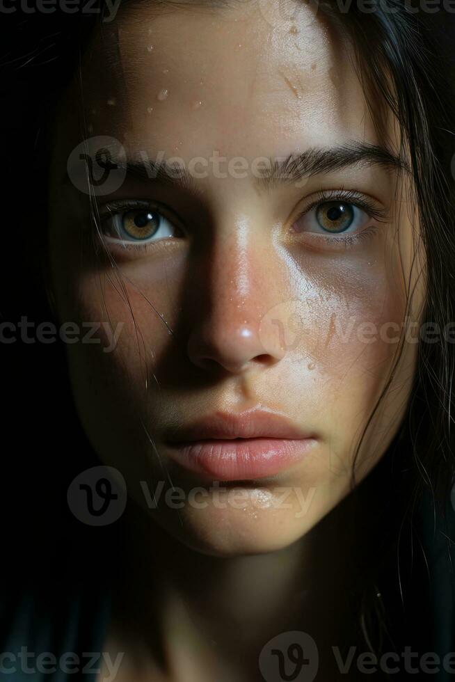a close up of a woman with wet hair generative ai photo