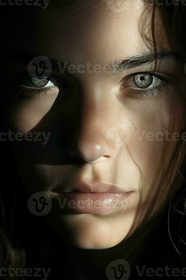 a close up of a womans face in the dark generative ai photo