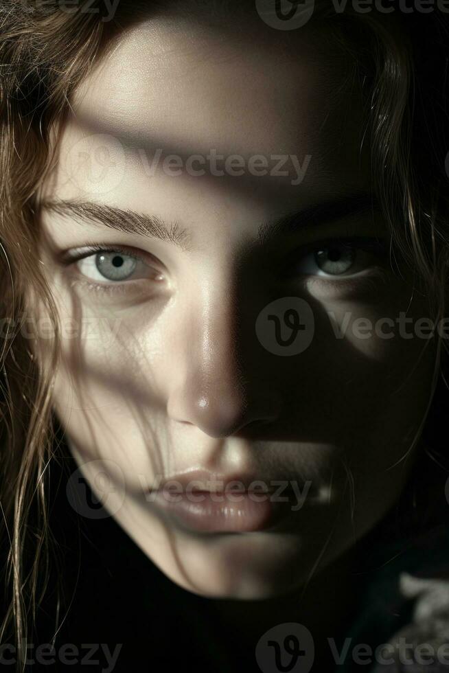 a close up of a womans face with the sun shining through the blinds generative ai photo
