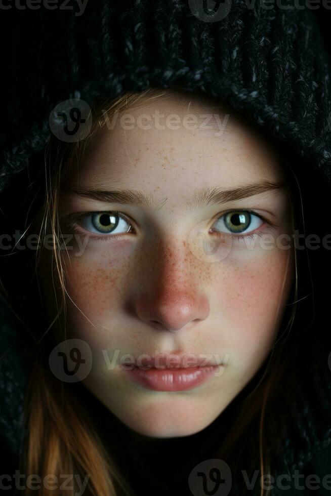 a close up of a young girl with freckles generative ai photo