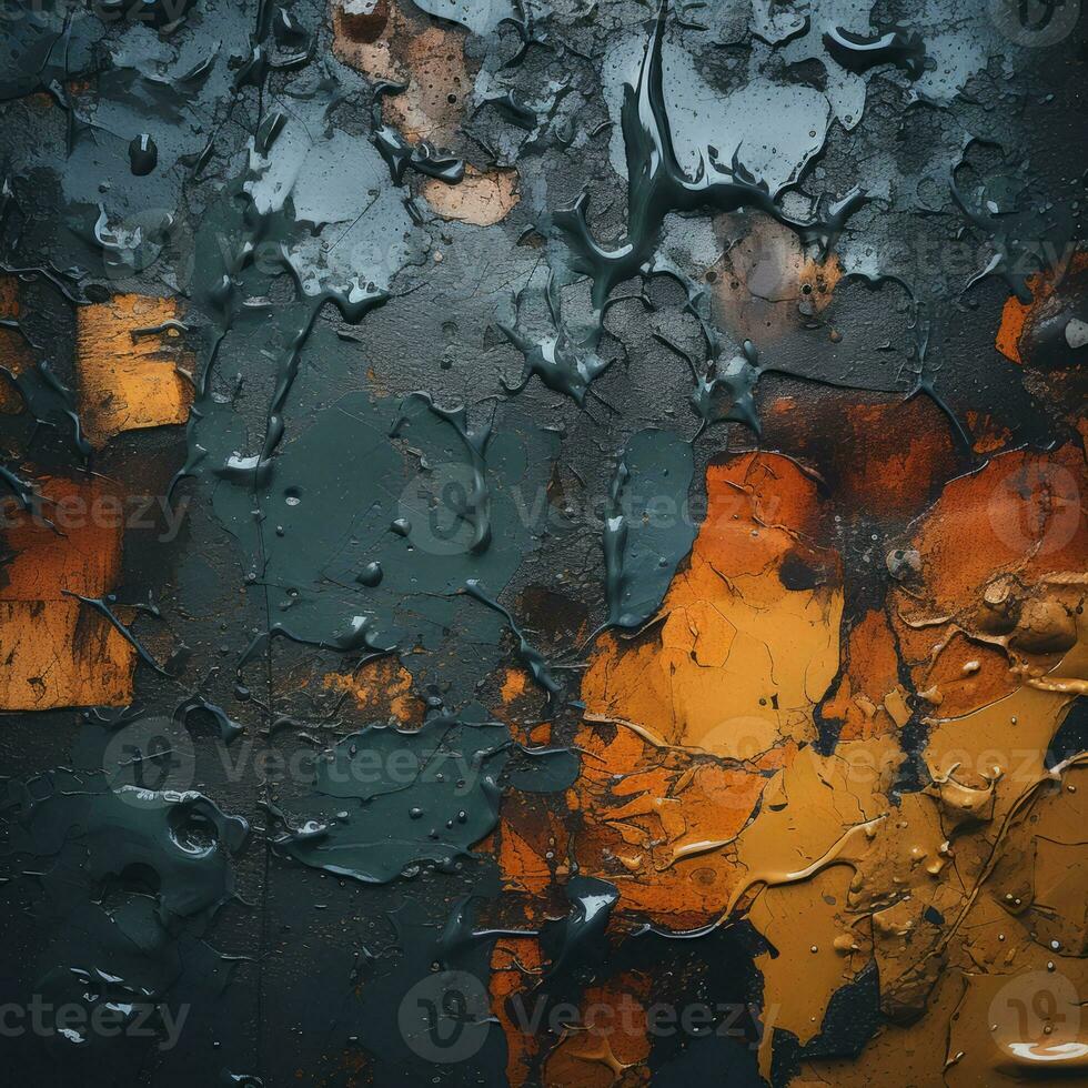 a close up of an orange yellow and black paint splattered wall generative ai photo