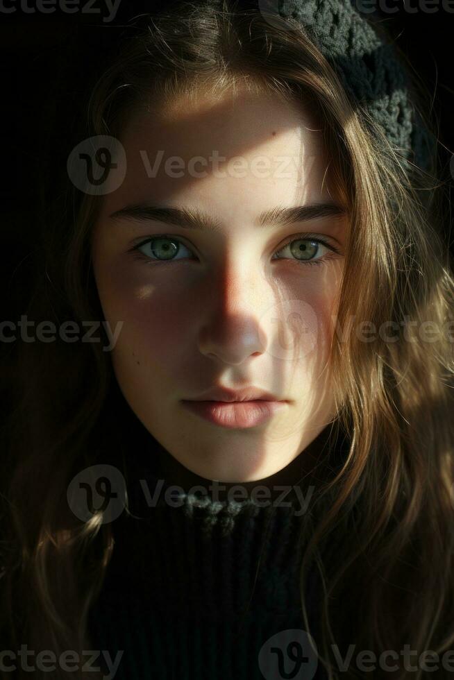 a close up of a young woman with green eyes generative ai photo