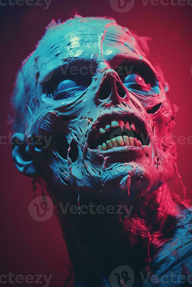 a close up of a zombies face with a red and blue background generative ai photo
