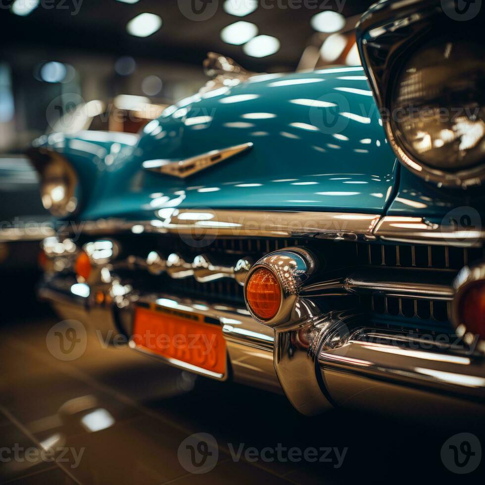 a close up of an old blue classic car generative ai photo