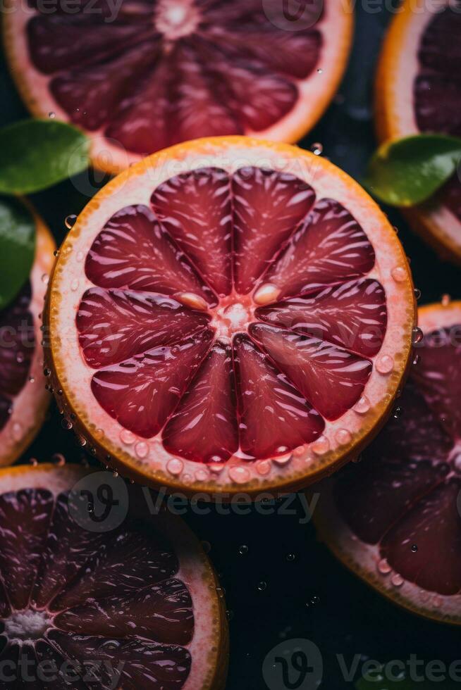 a close up of grapefruit slices on a black background generative ai photo