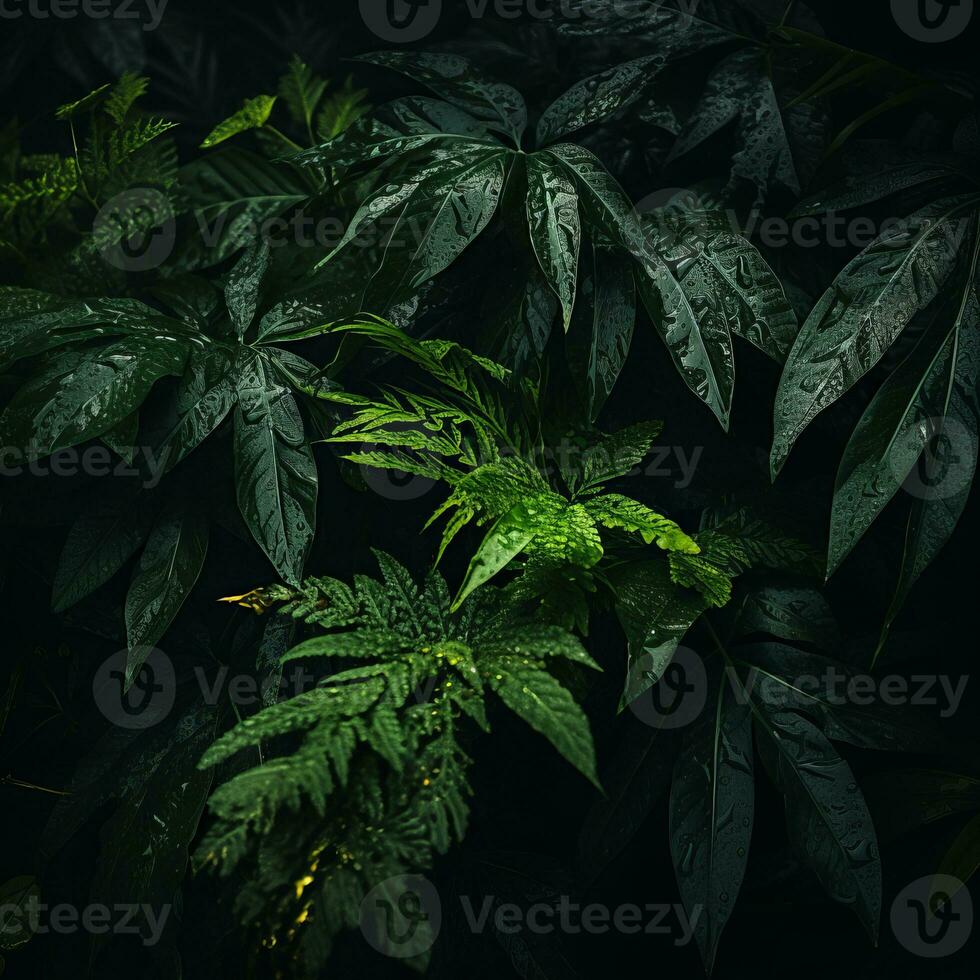 a close up of green leaves on a dark background generative ai photo