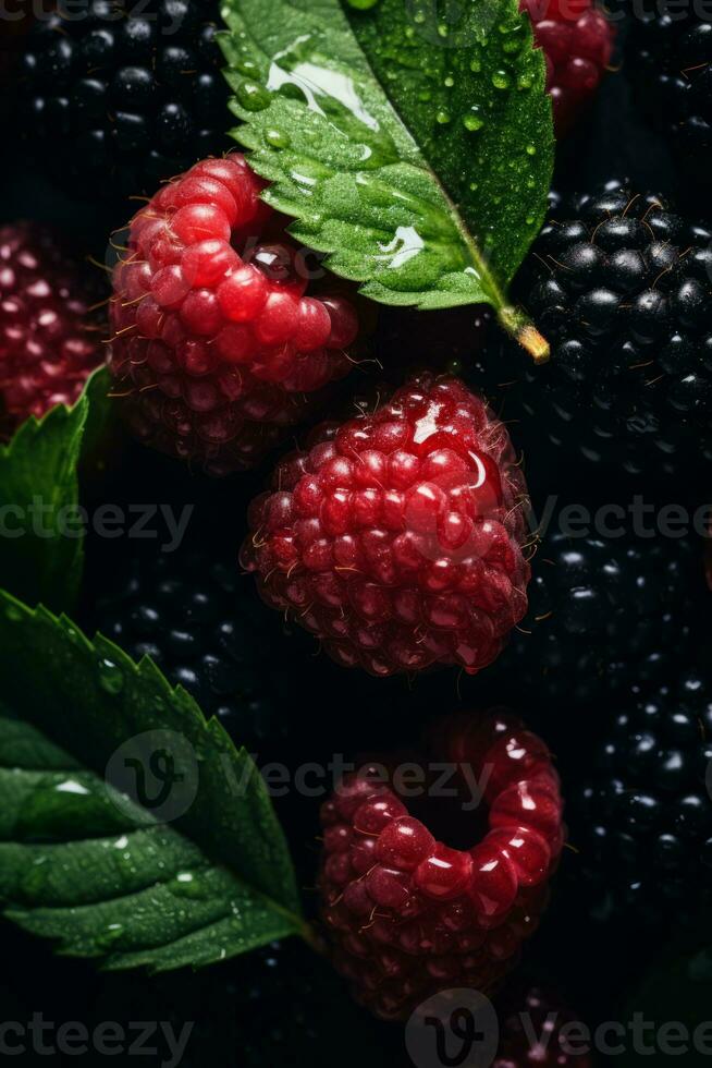 a close up of raspberries and blackberries with green leaves generative ai photo