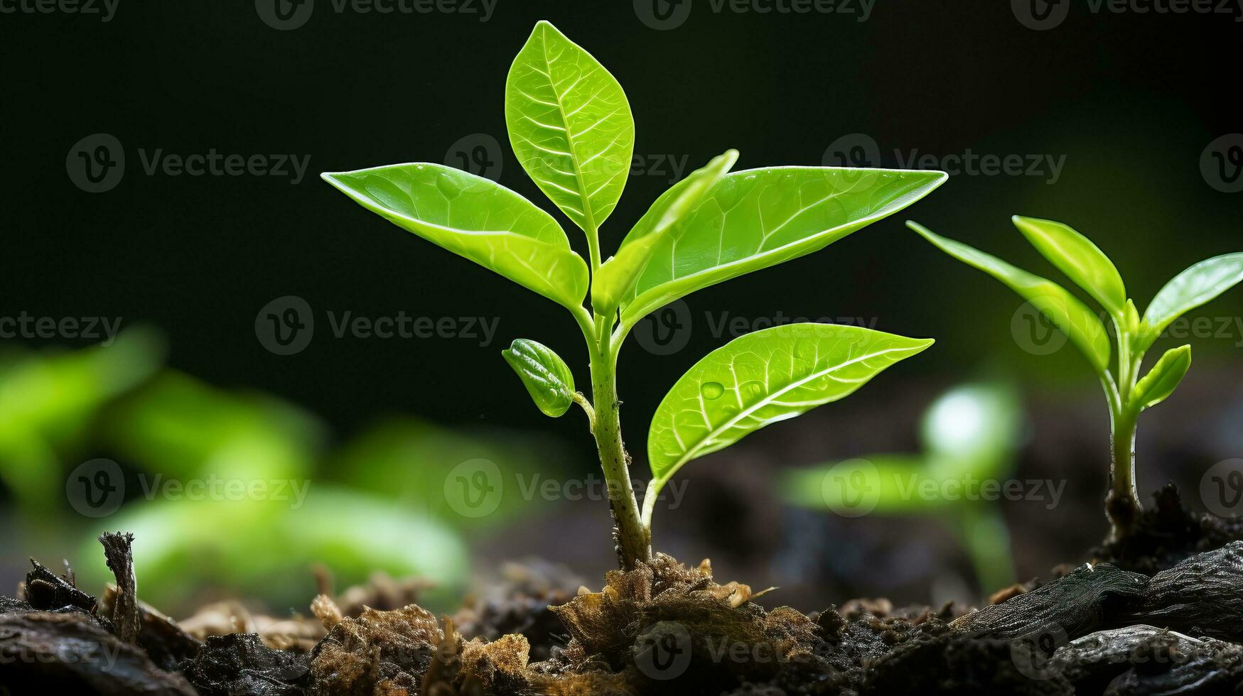 a close up of two young plants growing out of the ground generative ai photo