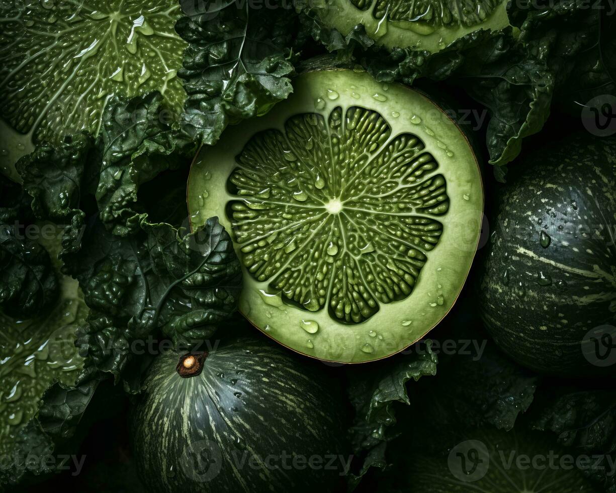a close up view of a bunch of green melons generative ai photo