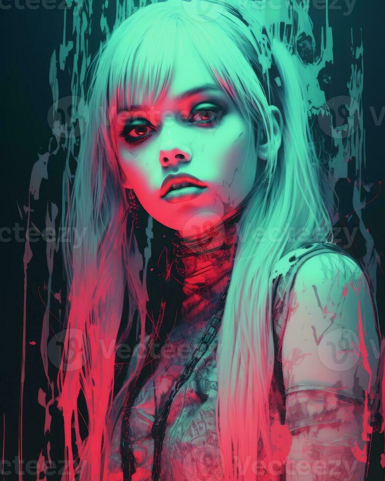 a digital painting of a girl with blue and pink hair generative ai photo