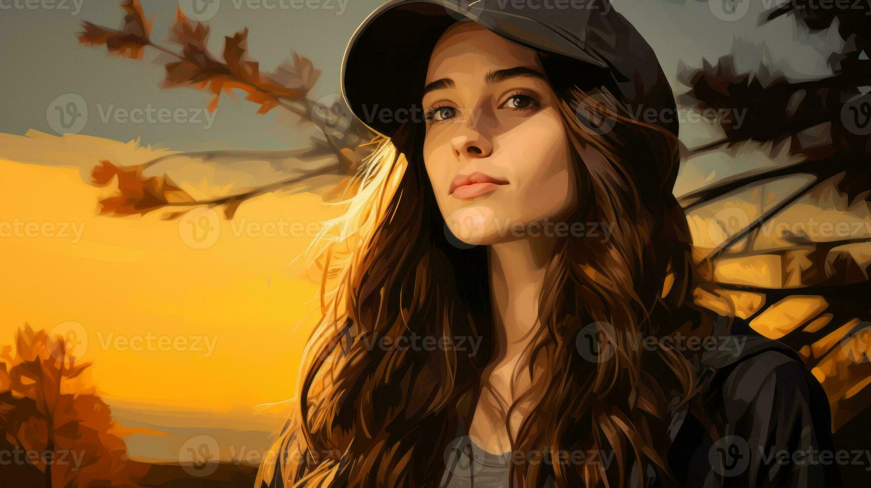 a digital painting of a woman with long hair and a hat generative ai photo