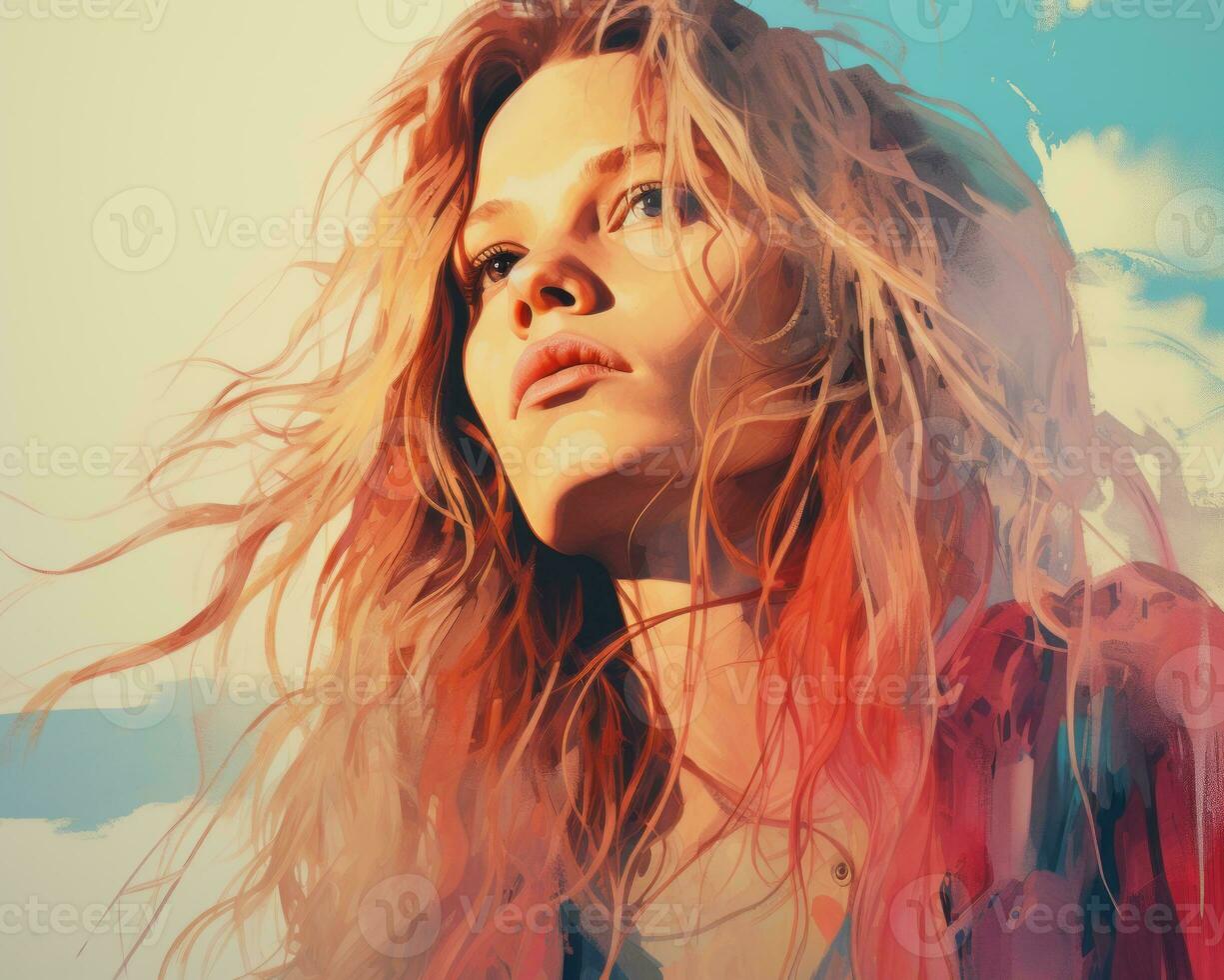a digital painting of a woman with long hair generative ai photo